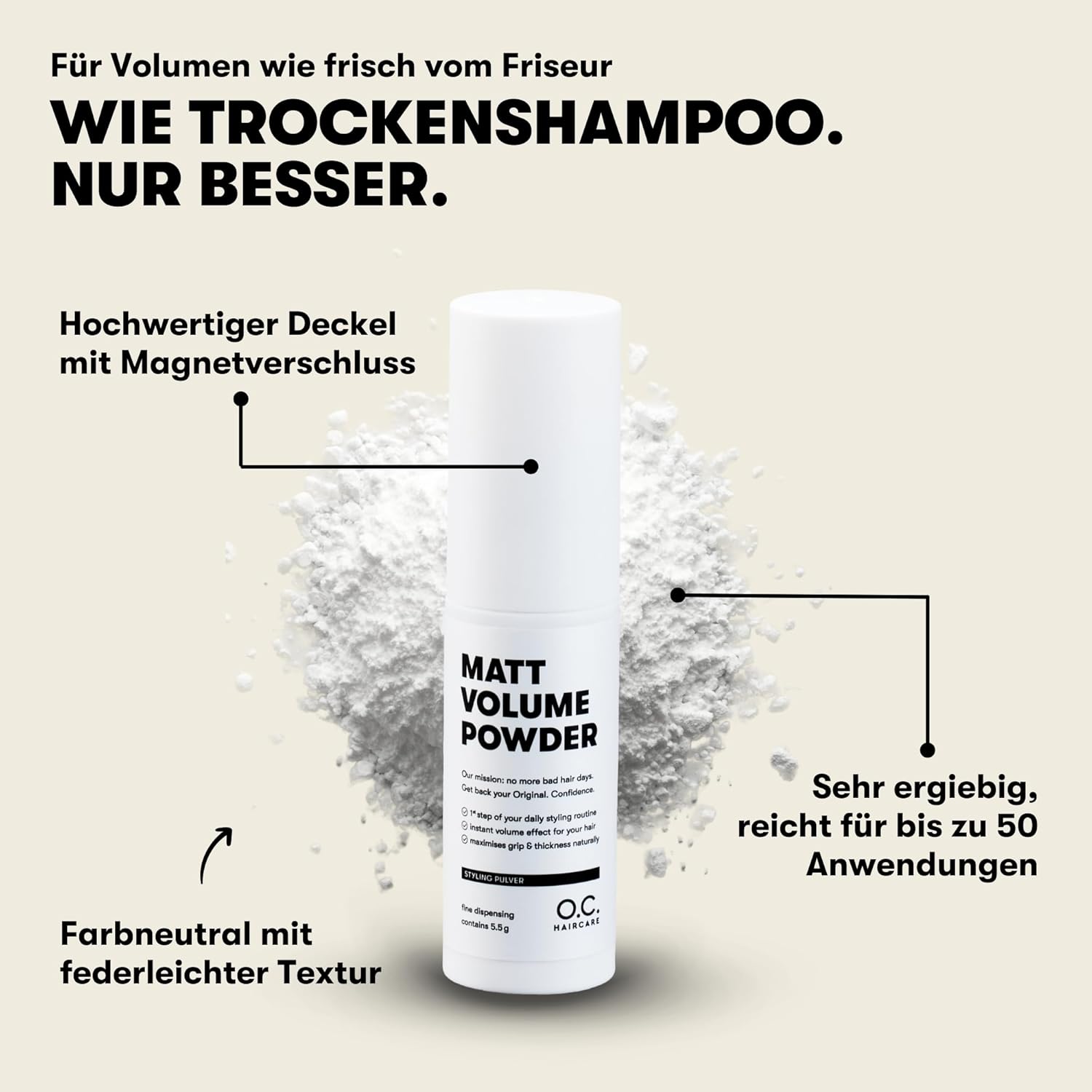 O.C. HAIRCARE Stylingpulver für voluminöses, feines Haar - Matt-Effekt für ultimativen Halt und Fülle - Empfohlen von Top-Friseuren